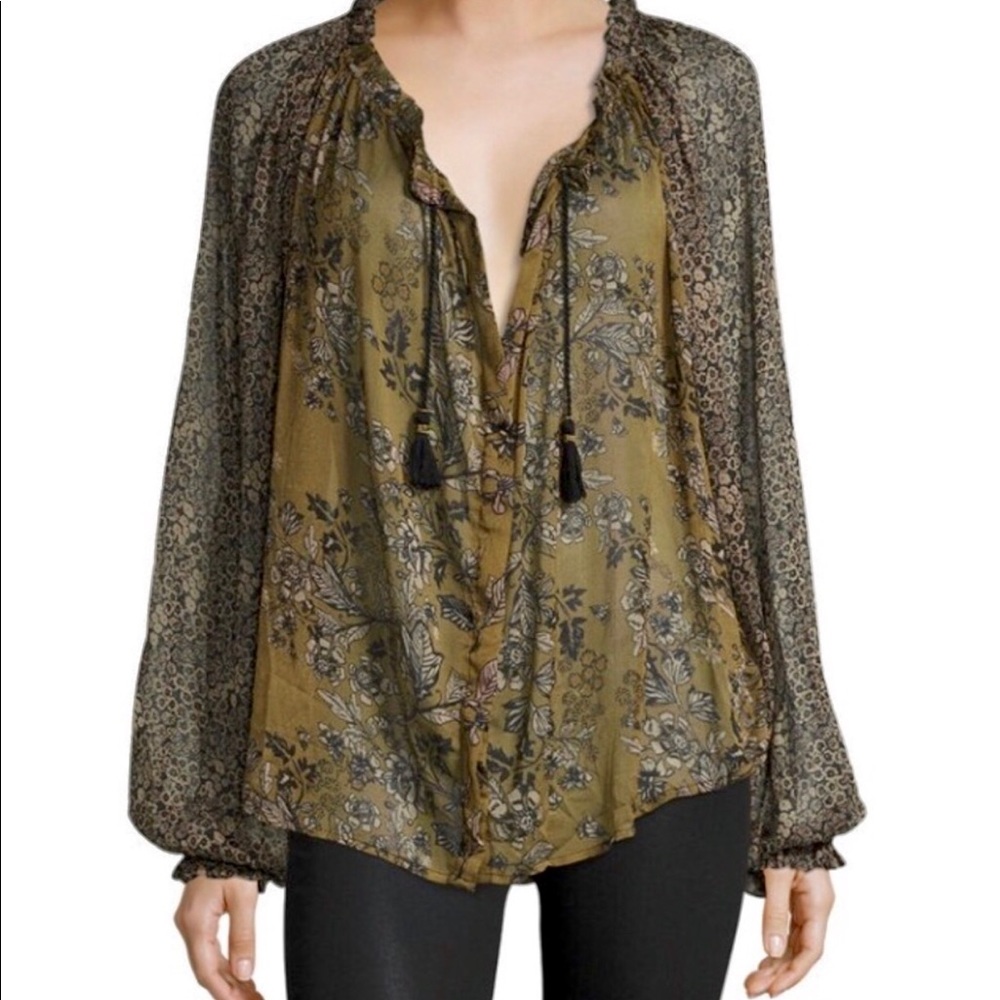 Free People Olive Green Floral Peasant Blouse with Black Tassels